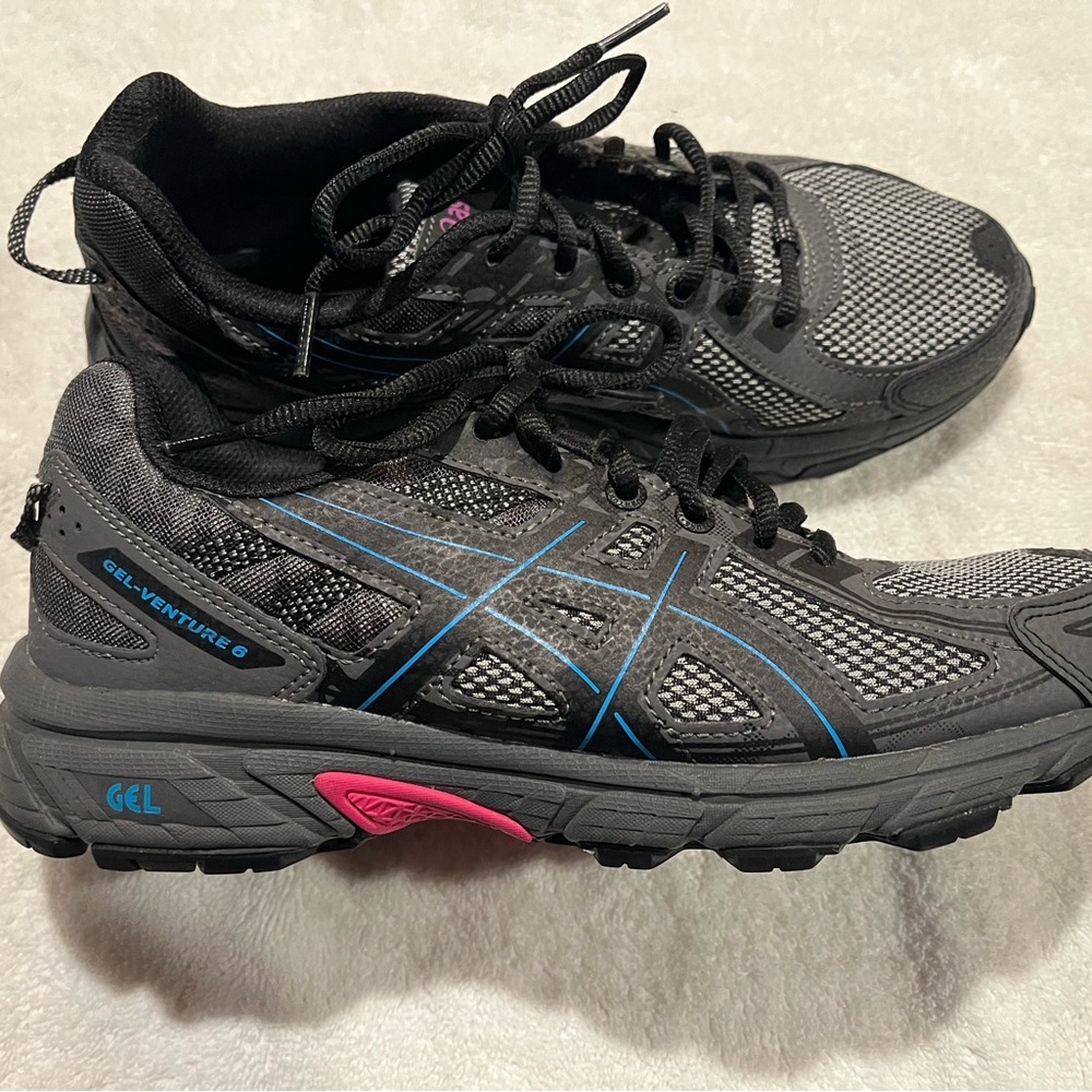 ASICS Black and Gray Running Shoes with blue and pink accents